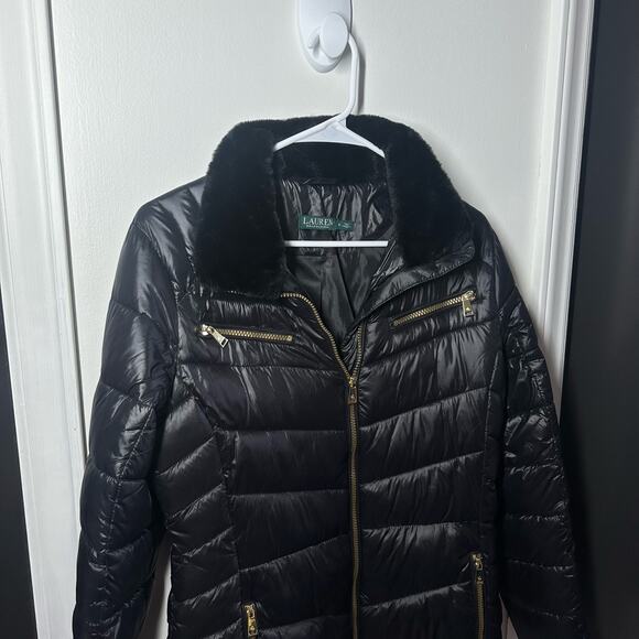 Lauren Ralph Lauren Faux Fur Trim Quilted Puffer Black Jacket Size Small - Picture 3 of 15